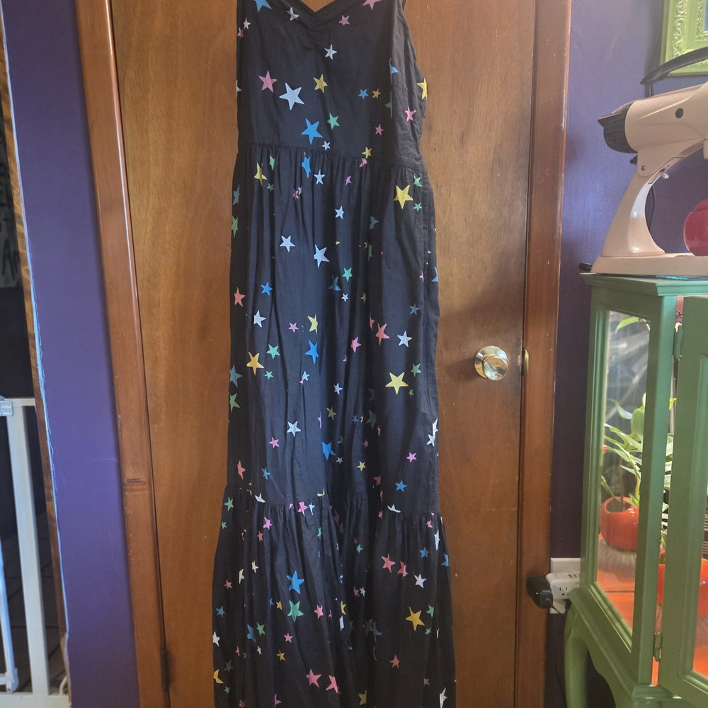 Modcloth Rainbow Stars Black Cotton Maxi Dress w Pockets